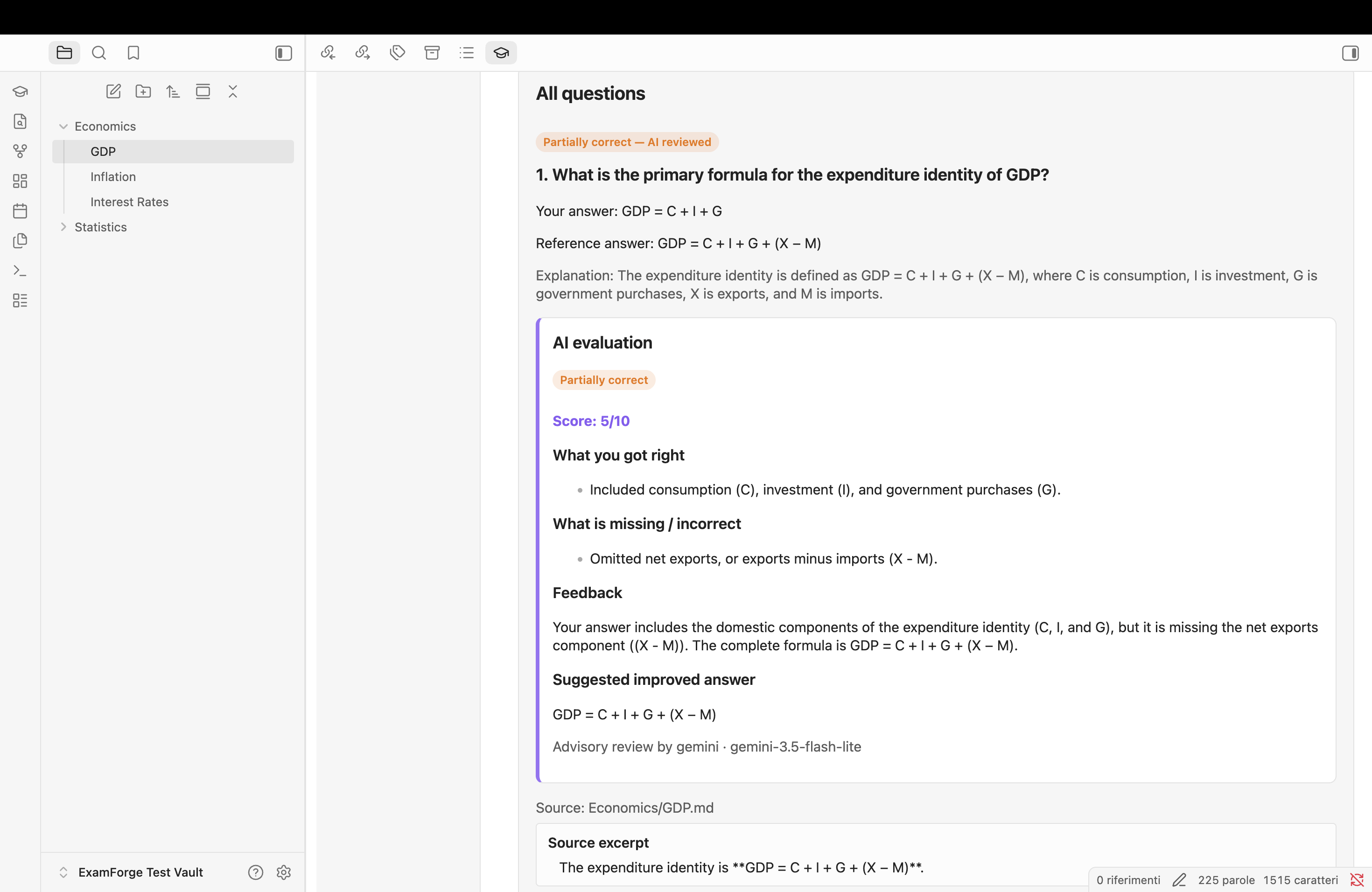 Screenshot reale del feedback AI facoltativo di ExamForge