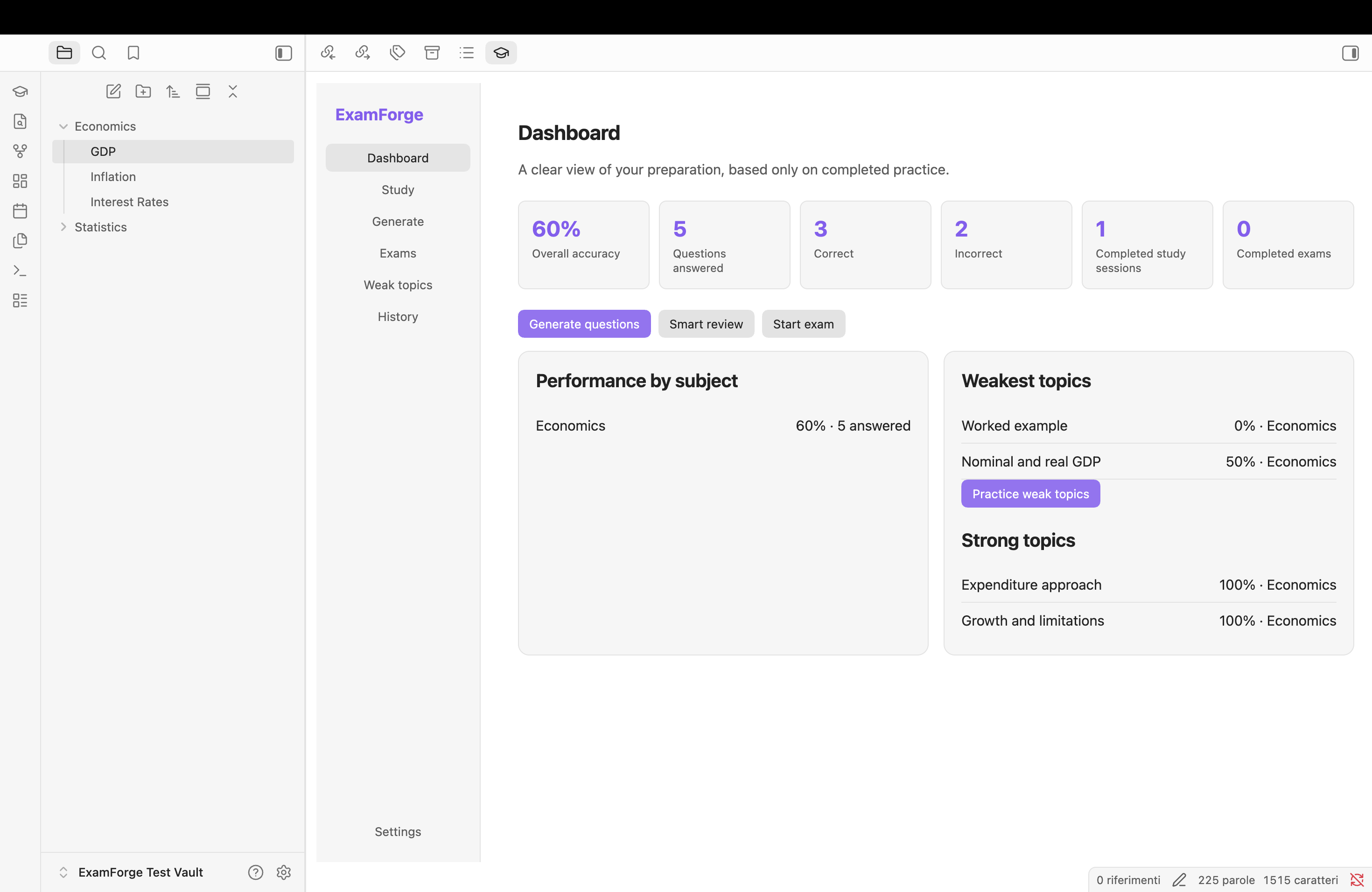 Screenshot reale della Dashboard di ExamForge in Obsidian