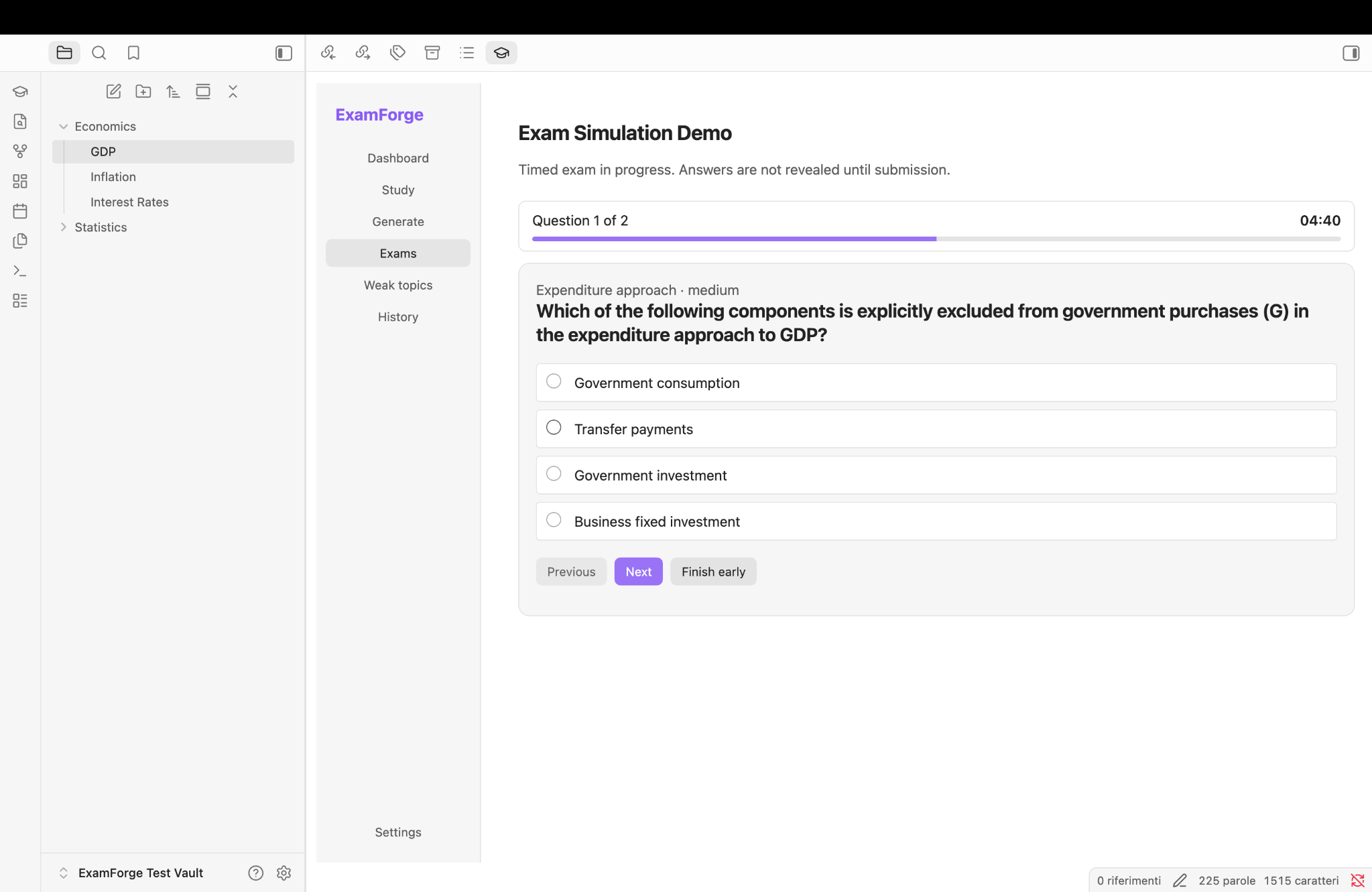 Screenshot reale di una simulazione d’esame a tempo in ExamForge