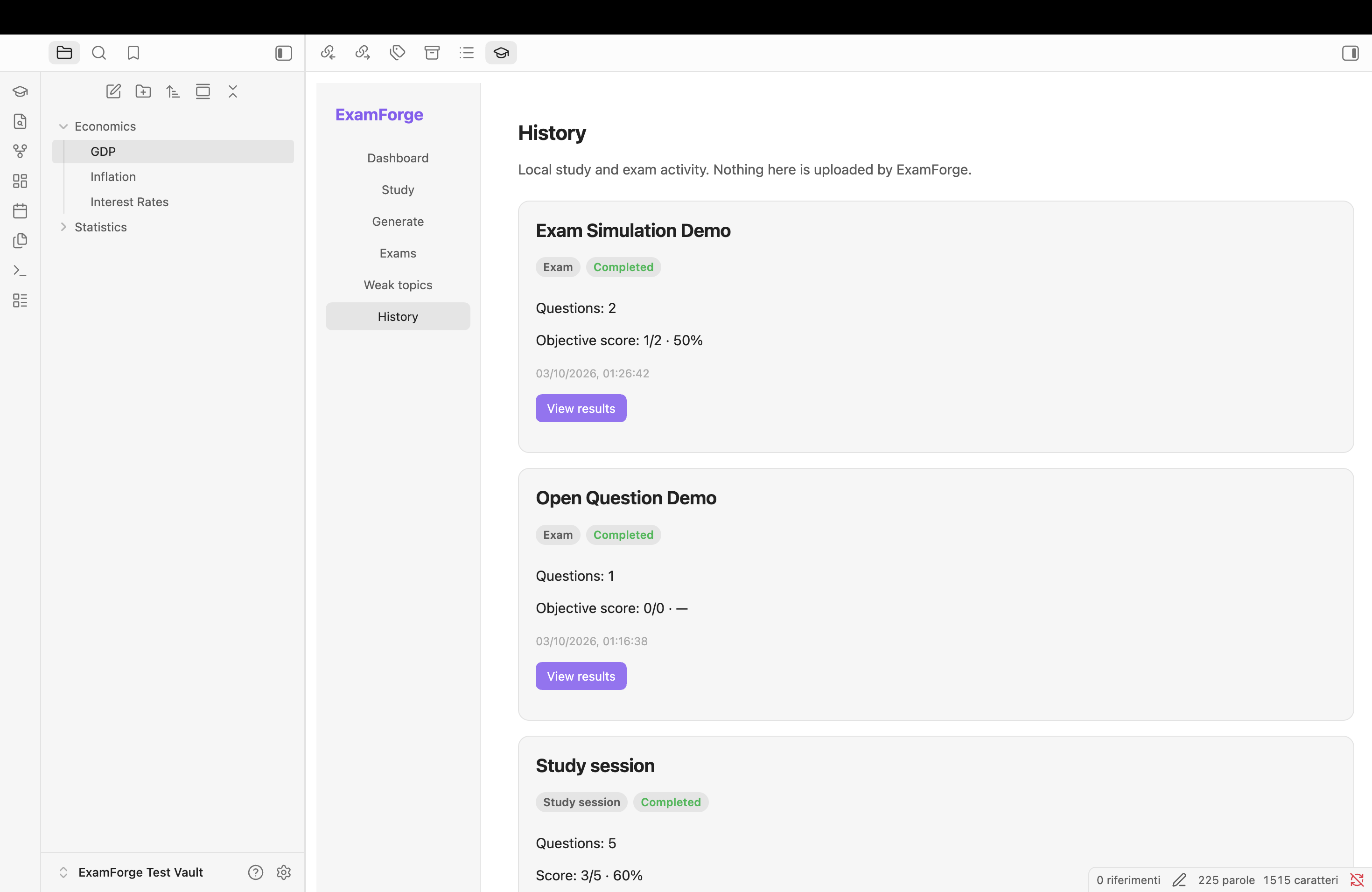 Screenshot reale della cronologia locale di ExamForge