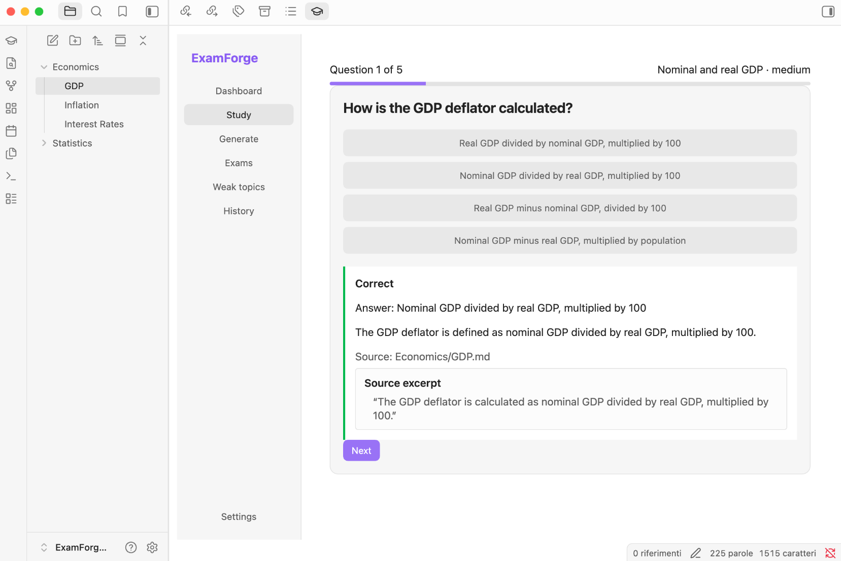 Screenshot reale della modalità Study di ExamForge